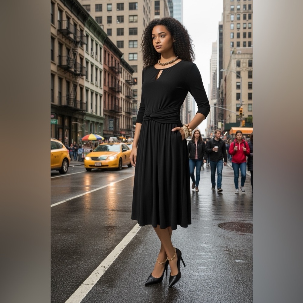 Twist-Waist Black Midi Dress with Keyhole Neck☑️